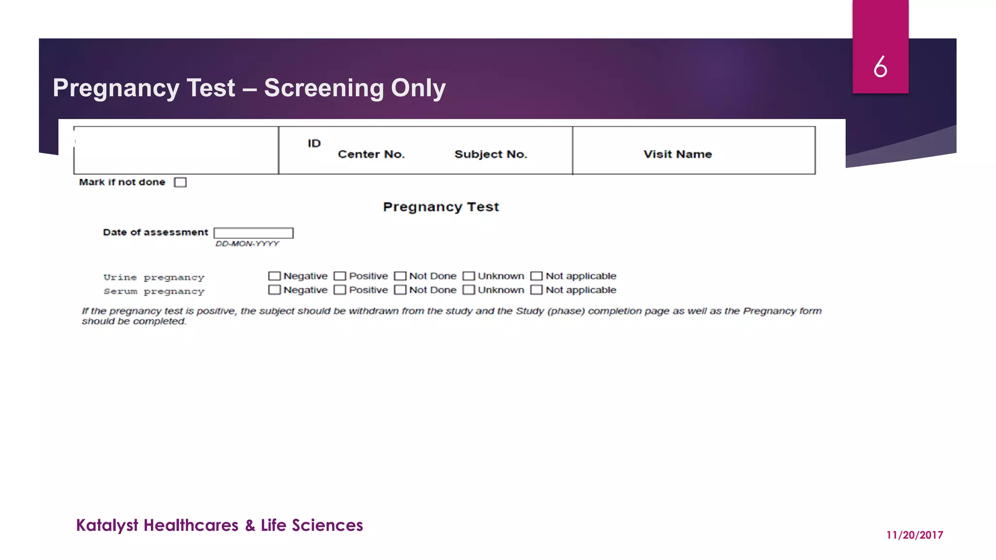 Pregnancy Test – Screening Only
6
Katalyst Healthcares & Life Sciences 11/20/2017
 