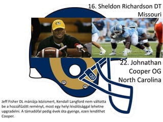 16. Sheldon Richardson DT
                                                                     Missouri




                                                                  22. Johnathan
                                                                     Cooper OG
                                                                  North Carolina

Jeff Fisher DL mániája közismert, Kendall Langford nem váltotta
be a hozzáfűzött reményt, most egy helyi kiválósággal lehetne
upgradelni. A támadófal pedig évek óta gyenge, ezen lendíthet
Cooper.
 