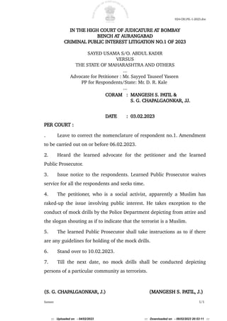 924-CRI.PIL-1-2023.doc
IN THE HIGH COURT OF JUDICATURE AT BOMBAY
BENCH AT AURANGABAD
CRIMINAL PUBLIC INTEREST LITIGATION N...