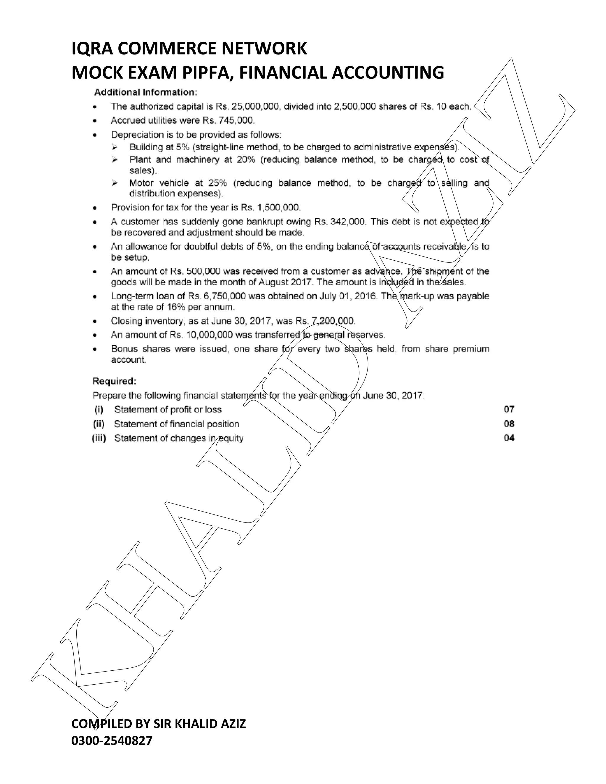 IQRA COMMERCE NETWORK
MOCK EXAM PIPFA, FINANCIAL ACCOUNTING
COMPILED BY SIR KHALID AZIZ
0300-2540827
KHALID
AZIZ
