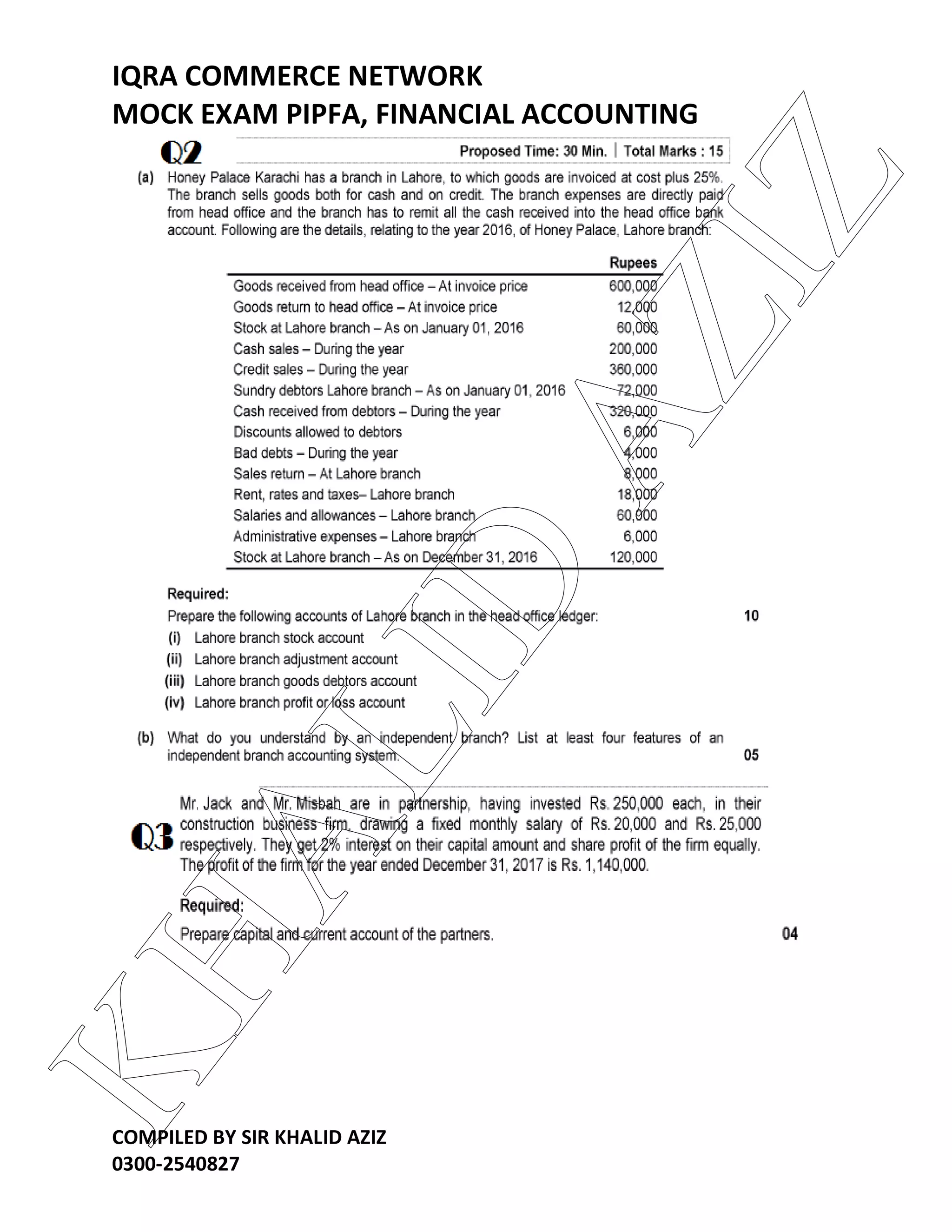 IQRA COMMERCE NETWORK
MOCK EXAM PIPFA, FINANCIAL ACCOUNTING
COMPILED BY SIR KHALID AZIZ
0300-2540827
KHALID
AZIZ