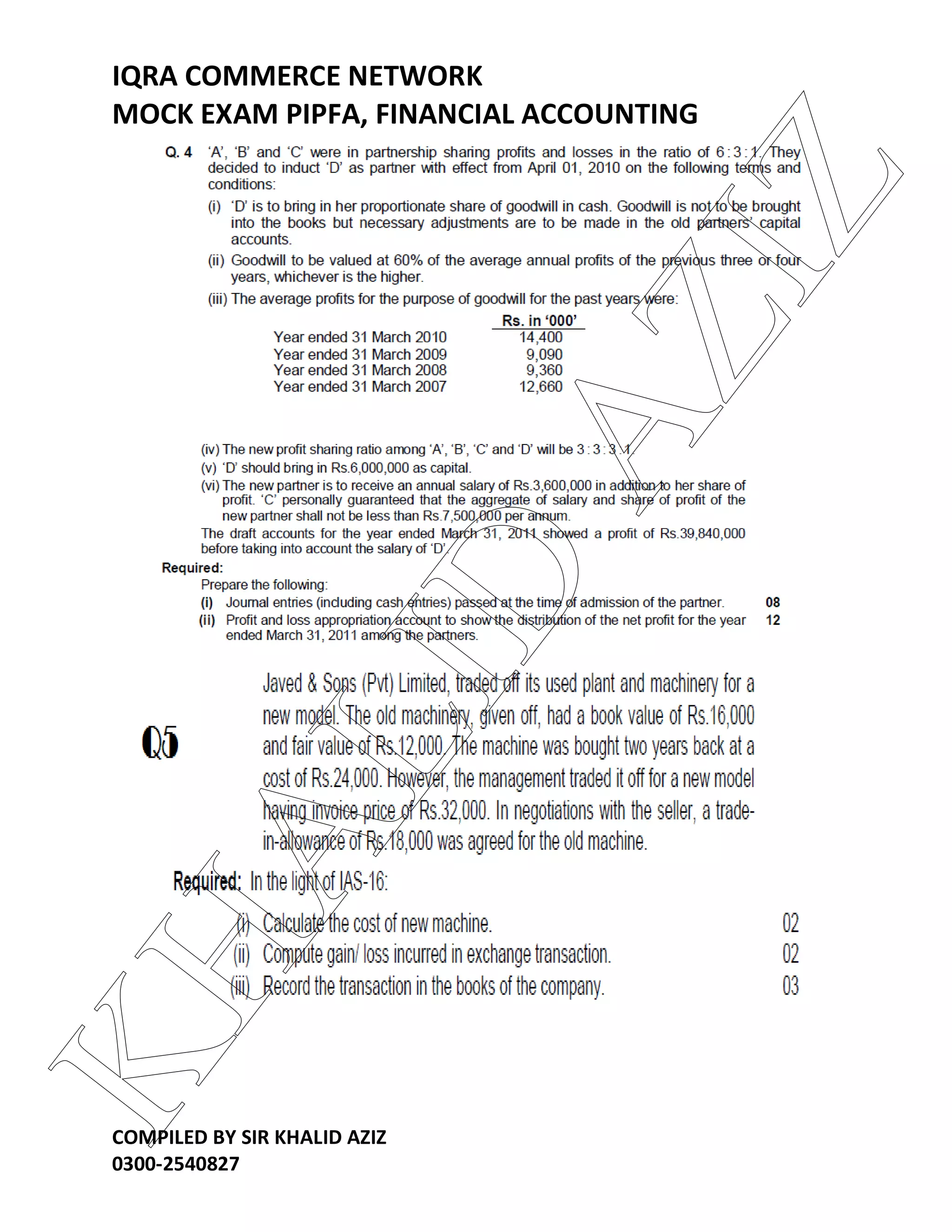 IQRA COMMERCE NETWORK
MOCK EXAM PIPFA, FINANCIAL ACCOUNTING
COMPILED BY SIR KHALID AZIZ
0300-2540827
KHALID
AZIZ