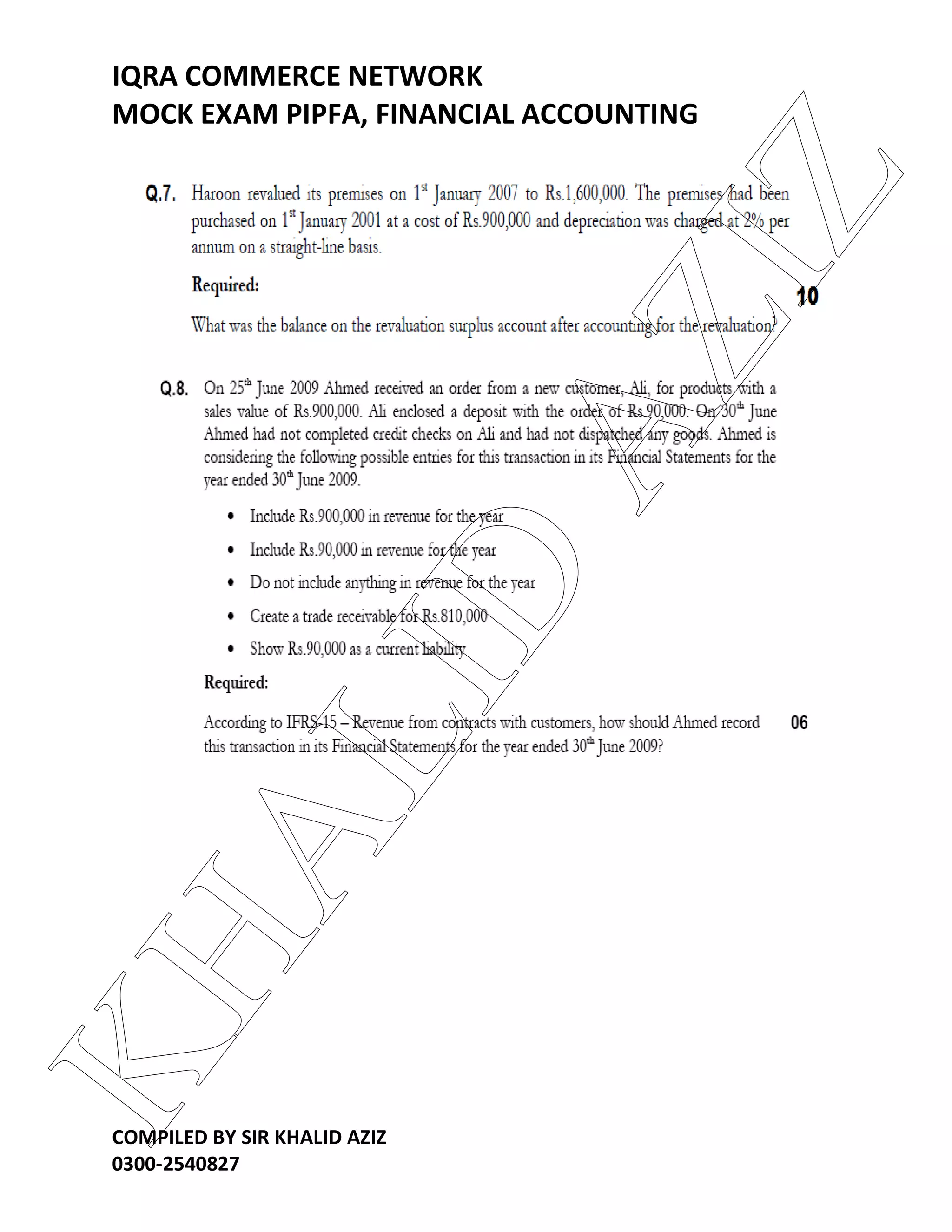 IQRA COMMERCE NETWORK
MOCK EXAM PIPFA, FINANCIAL ACCOUNTING
COMPILED BY SIR KHALID AZIZ
0300-2540827
KHALID
AZIZ