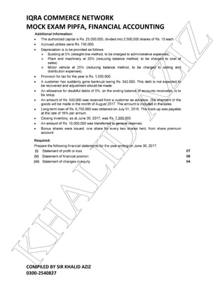 IQRA COMMERCE NETWORK
MOCK EXAM PIPFA, FINANCIAL ACCOUNTING
COMPILED BY SIR KHALID AZIZ
0300-2540827
KHALID
AZIZ
 
