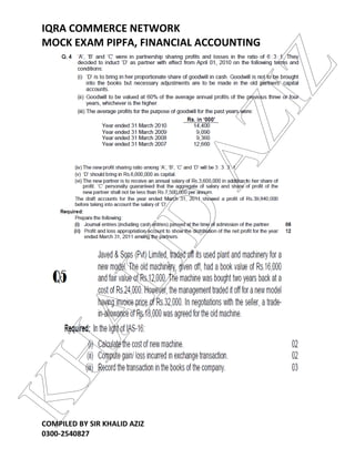 IQRA COMMERCE NETWORK
MOCK EXAM PIPFA, FINANCIAL ACCOUNTING
COMPILED BY SIR KHALID AZIZ
0300-2540827
KHALID
AZIZ
 