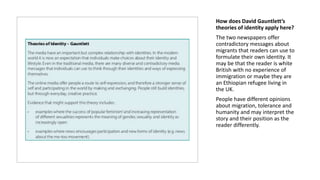 How does David Gauntlett’s
theories of identity apply here?
The two newspapers offer
contradictory messages about
migrants that readers can use to
formulate their own identity. It
may be that the reader is white
British with no experience of
immigration or maybe they are
an Ethiopian refugee living in
the UK.
People have different opinions
about migration, tolerance and
humanity and may interpret the
story and their position as the
reader differently.
 