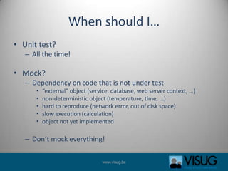 Takeaways
• Use loosely-coupled code!
   – Easier to do when working test-driven (TDD)
   – Tie everything together with a...