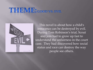 This novel is about how a child's
 innocence can be destroyed by evil.
 During Tom Robinson’s trial, Scout
    and Jem had to grow up fast to
understand the unfairness in the court
case. They had discovered how social
 status and race can destroy the way
          people see others.
 