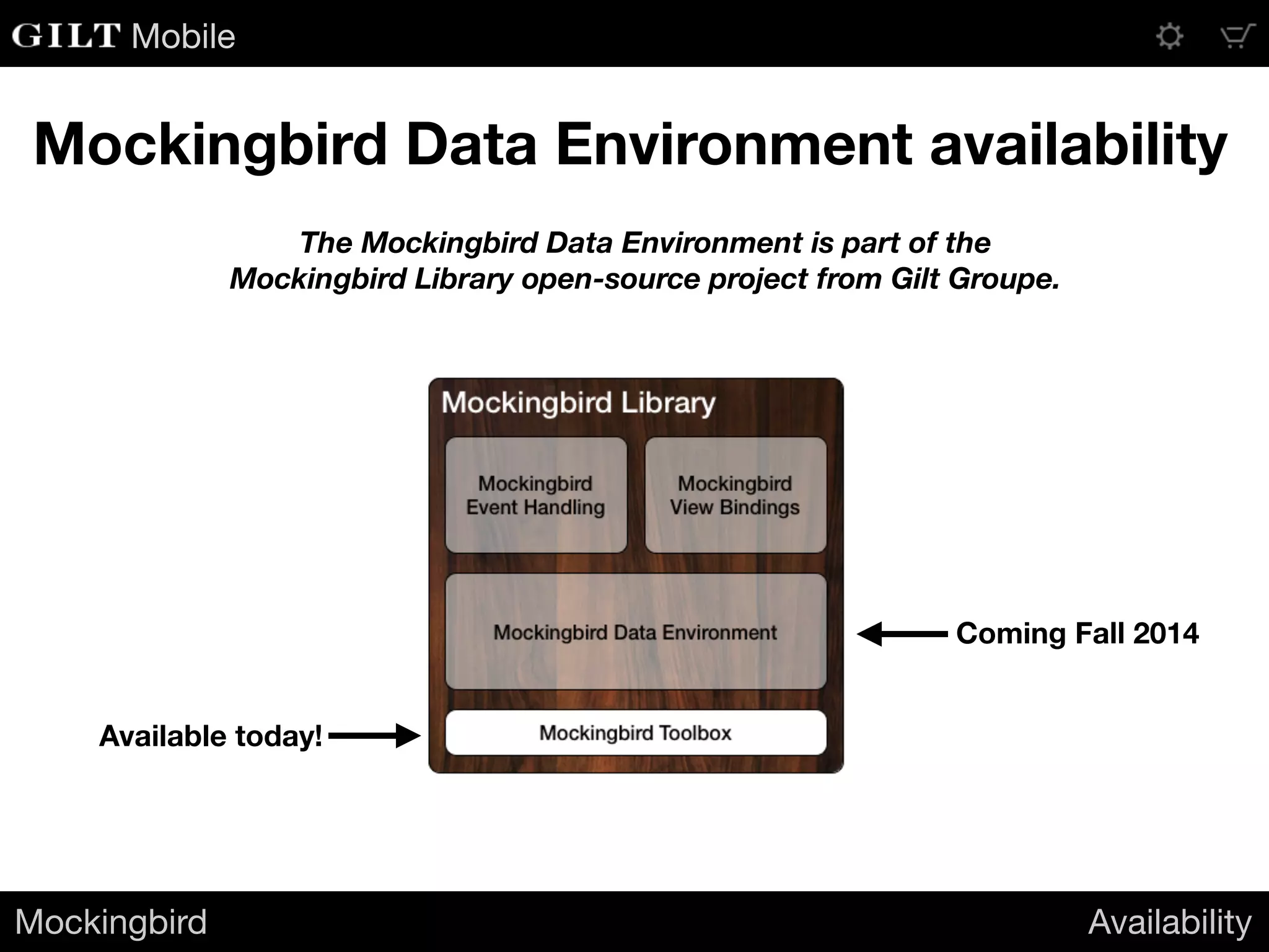 Mobile
Mockingbird Data Environment availability
Available today!
Coming Fall 2014
Mockingbird Availability
The Mockingbird Data Environment is part of the
Mockingbird Library open-source project from Gilt Groupe.
 