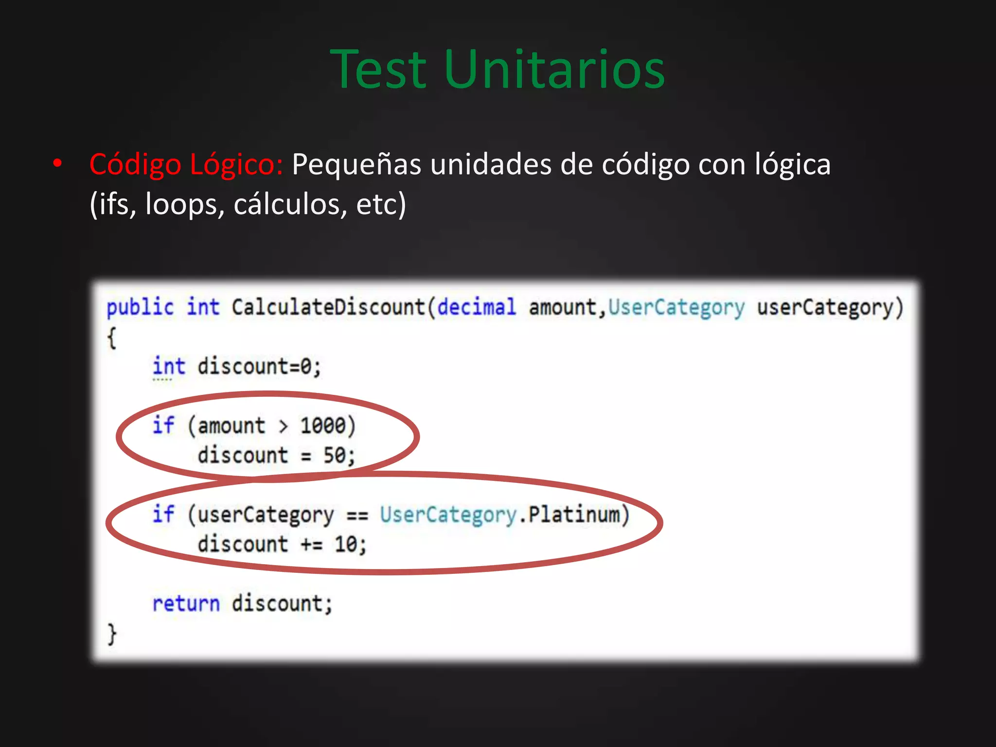 Test Unitarios Código Lógico: Pequeñas unidades de código con lógica(ifs, loops, cálculos, etc)