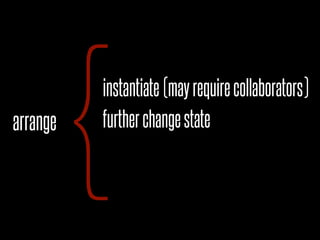 arrange
          {
          instantiate (may require collaborators)
          further change state
 