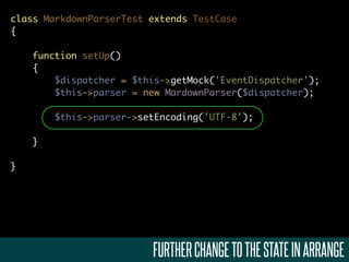 class MarkdownParserTest extends TestCase
{

    function setUp()
    {
        $dispatcher = $this->getMock('EventDispatcher');
        $this->parser = new MardownParser($dispatcher);

        $this->parser->setEncoding('UTF-8');

    }

}




                         FURTHER CHANGE TO THE STATE IN ARRANGE
 