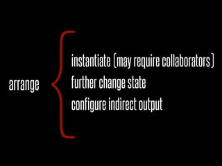 arrange
          {
          instantiate (may require collaborators)
          further change state
          configure indirect output
 