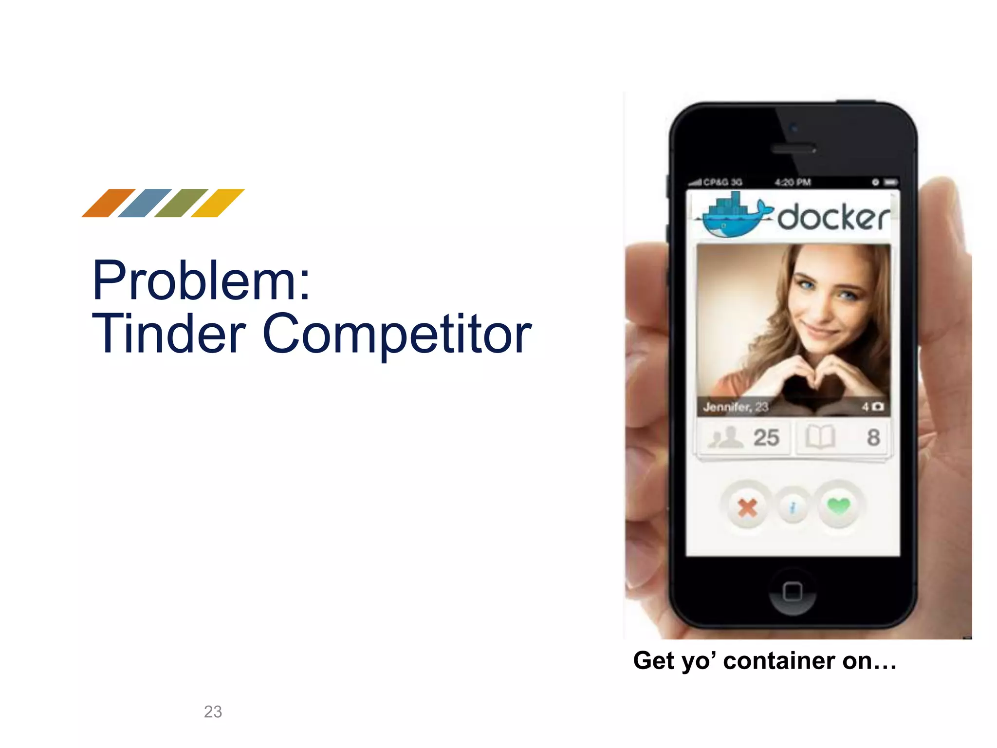 Problem:
Tinder Competitor
23
Get yo’ container on…
 