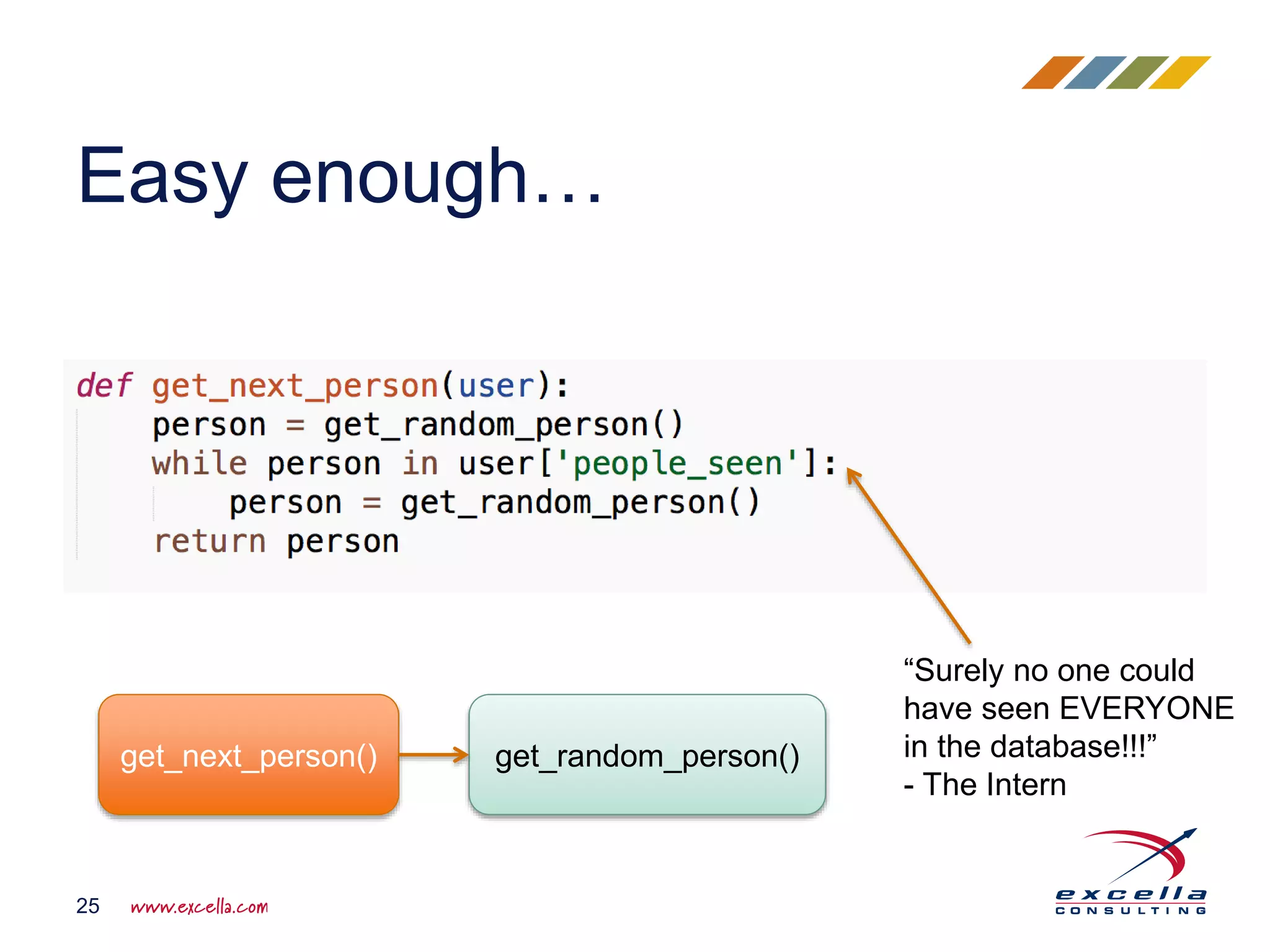 Easy enough…
25
“Surely no one could
have seen EVERYONE
in the database!!!”
- The Intern
get_next_person() get_random_person()
 