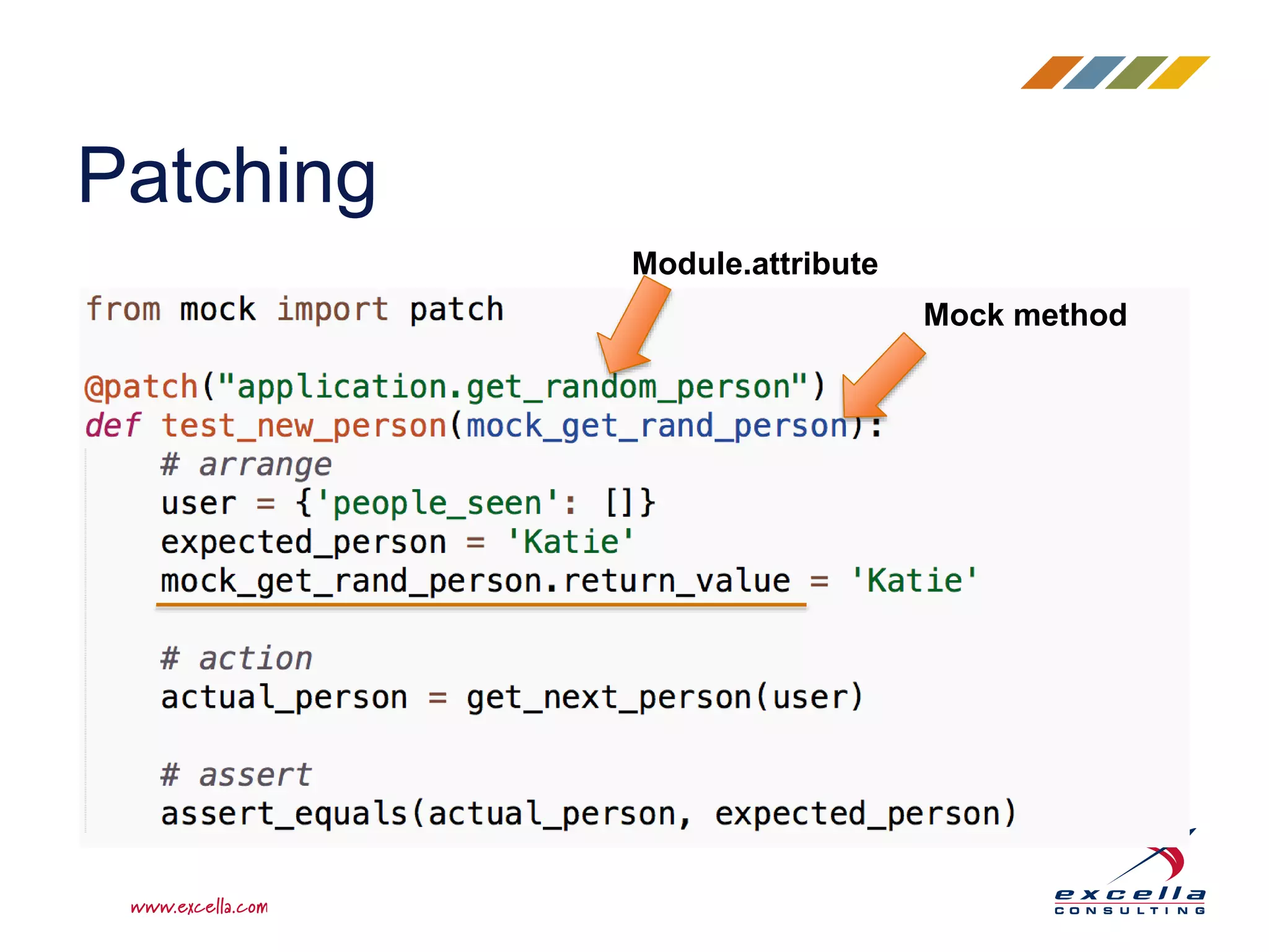 Patching
Module.attribute
Mock method
 