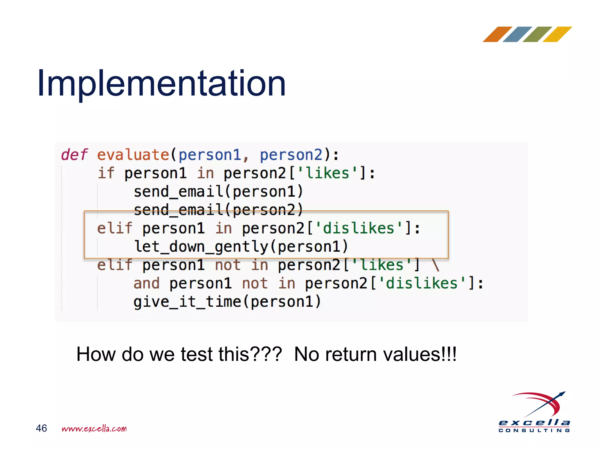 Implementation
46
How do we test this??? No return values!!!
 