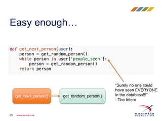 Easy enough…
25
“Surely no one could
have seen EVERYONE
in the database!!!”
- The Intern
get_next_person() get_random_person()
 