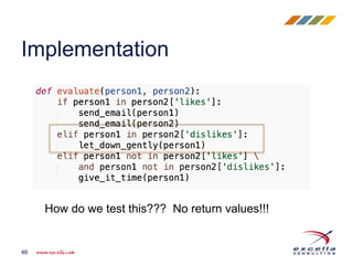 Implementation
46
How do we test this??? No return values!!!
 