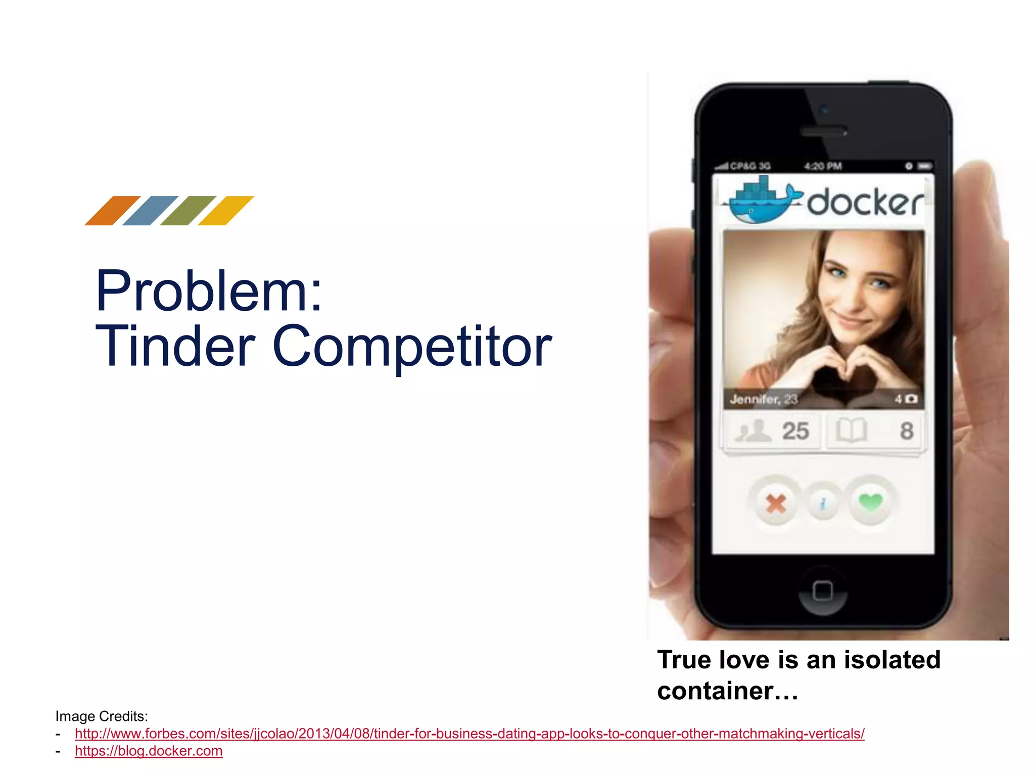 Problem: Tinder Competitor True love is an isolated container… Image Credits: - http://www.forbes.com/sites/jjcolao/2013/04/08/tinder-for-business-dating-app-looks-to-conquer-other-matchmaking-verticals/ - https://blog.docker.com 