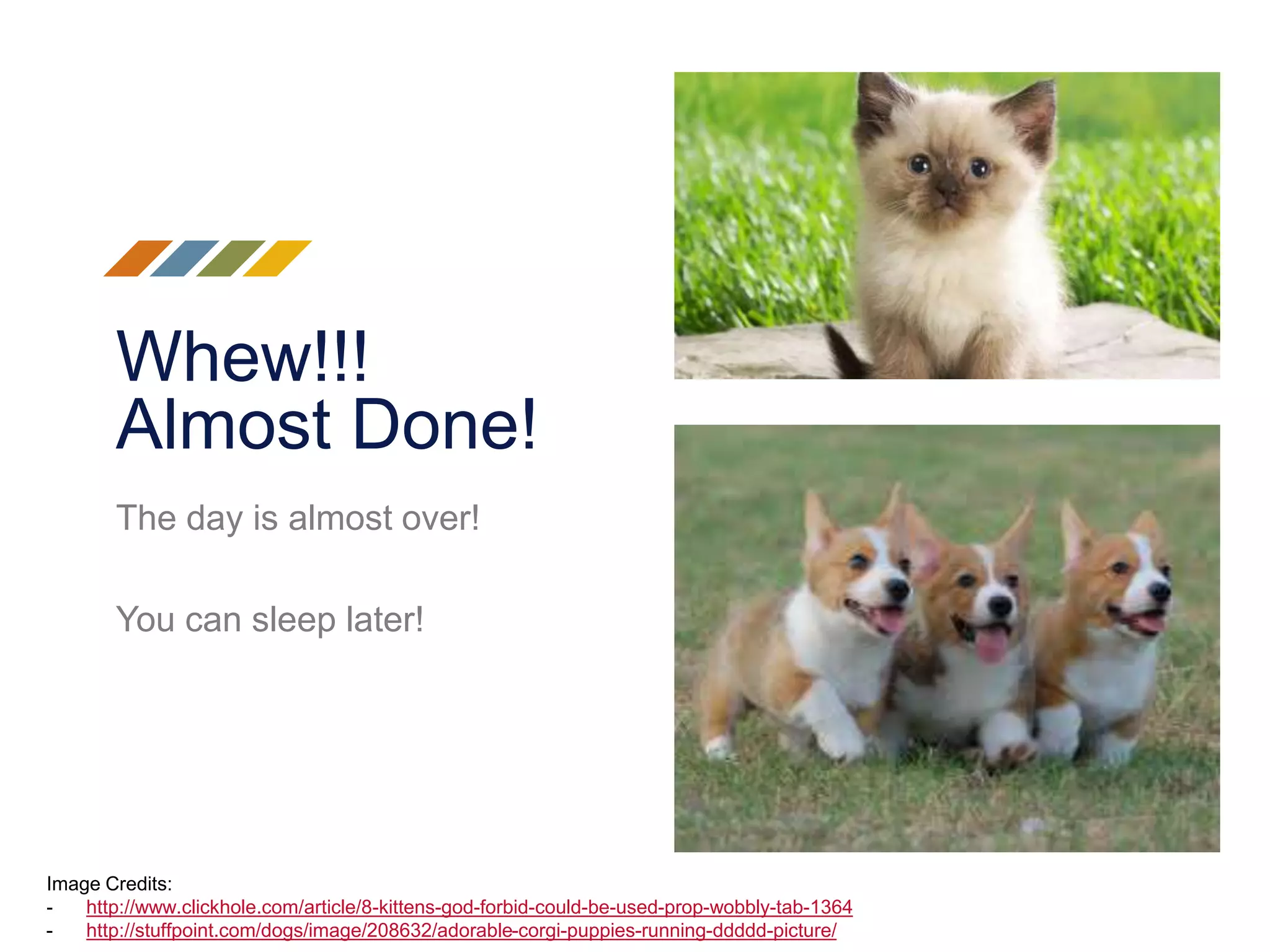 Whew!!! Almost Done! The day is almost over! You can sleep later! Image Credits: - http://www.clickhole.com/article/8-kittens-god-forbid-could-be-used-prop-wobbly-tab-1364 - http://stuffpoint.com/dogs/image/208632/adorable-corgi-puppies-running-ddddd-picture/ 