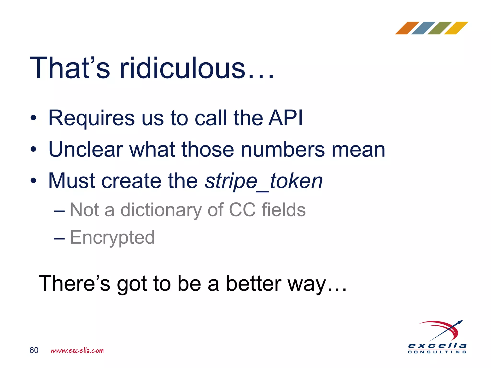 • Requires us to call the API • Unclear what those numbers mean • Must create the stripe_token – Not a dictionary of CC fields – Encrypted That’s ridiculous… 60 There’s got to be a better way… 