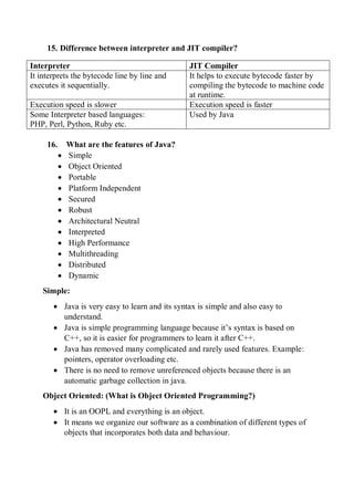15. Difference between interpreter and JIT compiler?
Interpreter JIT Compiler
It interprets the bytecode line by line and
executes it sequentially.
It helps to execute bytecode faster by
compiling the bytecode to machine code
at runtime.
Execution speed is slower Execution speed is faster
Some Interpreter based languages:
PHP, Perl, Python, Ruby etc.
Used by Java
16. What are the features of Java?
 Simple
 Object Oriented
 Portable
 Platform Independent
 Secured
 Robust
 Architectural Neutral
 Interpreted
 High Performance
 Multithreading
 Distributed
 Dynamic
Simple:
 Java is very easy to learn and its syntax is simple and also easy to
understand.
 Java is simple programming language because it’s syntax is based on
C++, so it is easier for programmers to learn it after C++.
 Java has removed many complicated and rarely used features. Example:
pointers, operator overloading etc.
 There is no need to remove unreferenced objects because there is an
automatic garbage collection in java.
Object Oriented: (What is Object Oriented Programming?)
 It is an OOPL and everything is an object.
 It means we organize our software as a combination of different types of
objects that incorporates both data and behaviour.
 