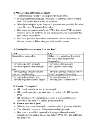 18. Why Java is platform independent?
 The most unique feature of java is platform independent.
 In any programming language soruce code is compiled in to executable
code. This cannot be run across all platforms.
 When javac compiles a java program it generates an executable file called
.class file. class file contains byte codes.
 Byte codes are interpreted only by JVM’s. Since these JVM’s are made
available across all platforms by Sun Microsystems, we can execute this
byte code in any platform.
 Byte code generated in windows environment can also be executed in
linux environment. This makes java platform independent.
19.What is difference between C++ and Java?
Java C++
It is platform independent Old days it is a platform dependent
but now a days it is platform
independent.
There are no pointers concepts There are pointers concepts
There is no operator overloading in
java
It has operator overloading
There is garbage collection in java There is no garbage collection in C++
Supports multithreading Doesn’t support multithreading
There are no templates in java There are templates in C++
There are no global variables in java There are global variables in C++
20.What is JIT compiler?
 JIT compiler stands for Just in time compiler.
 JIT compiler compiles byte code in to executable code. JIT a part of
JVM.
 JIT cannot convert complete java program in to executable code it
converts as and when it is needed during execution.
21. What is bytecode in java?
 When a javac compiler compiler compiles a class it generates .class file.
 This .class file contains set of instructions called byte code.
 Byte code is a machine independent language and contains set of
instructions which are to be executed only by JVM. JVM can understand
this byte codes.
 