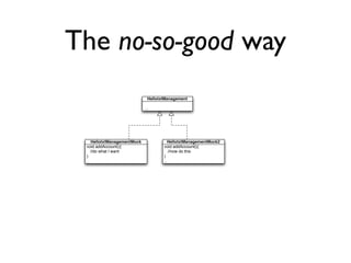 The no-so-good way
                              HellotxtManagement

                             ...




    HellotxtManagementMock              HellotxtManagementMock2
 void addAccount(){                  void addAccount(){
    //do what I want                    //now do this
 }                                   }
 ..                                  ..
 