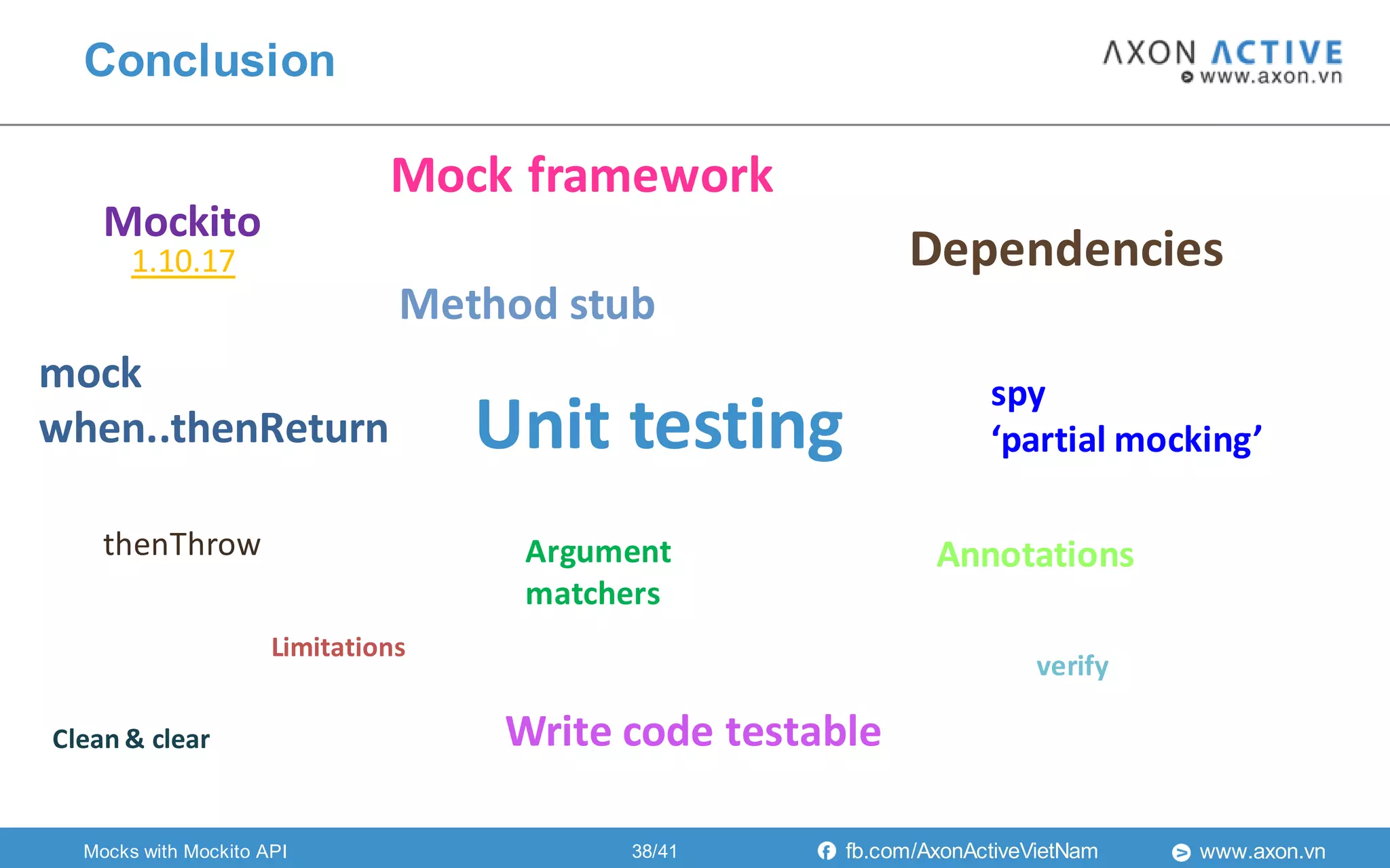 www.axon.vnfb.com/AxonActiveVietNam
Conclusion
Mockito
Unit testing
Mock framework
mock
when..thenReturn
Dependencies
spy
‘partial mocking’
Limitations
verify
Argument
matchers
AnnotationsthenThrow
Method stub
1.10.17
Mocks with Mockito API
Write code testableClean & clear
38/41
 