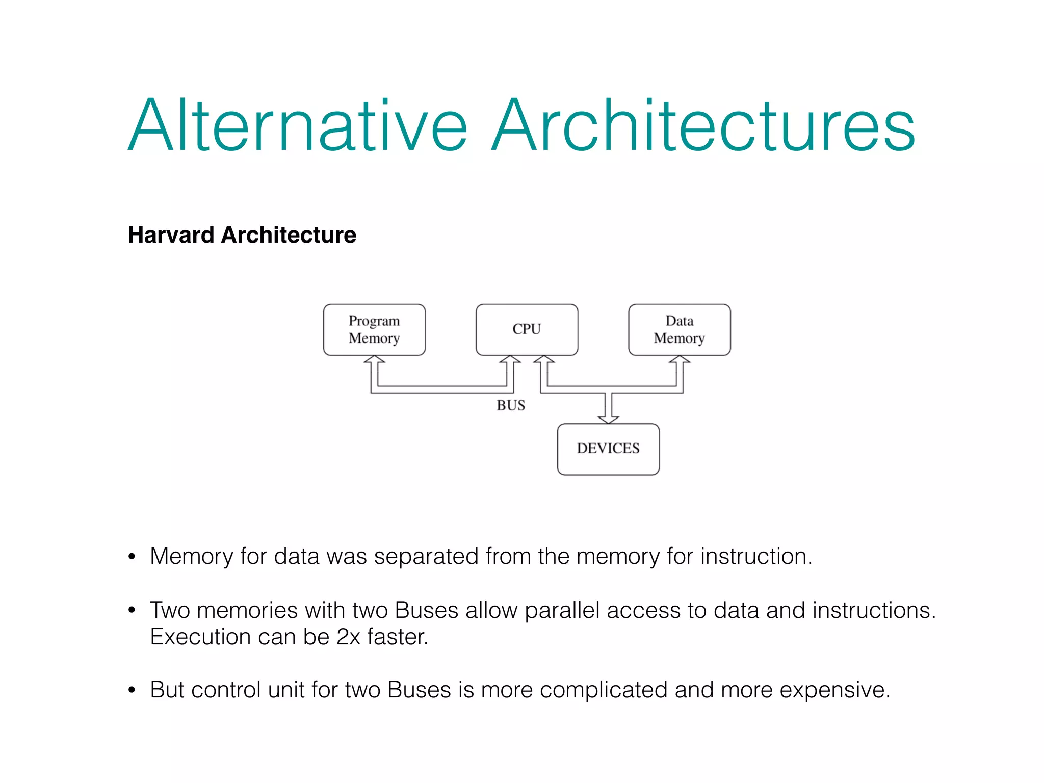 Alternative Architectures
Harvard Architecture
• Memory for data was separated from the memory for instruction.
• Two memories with two Buses allow parallel access to data and instructions.
Execution can be 2x faster.
• But control unit for two Buses is more complicated and more expensive.
 
