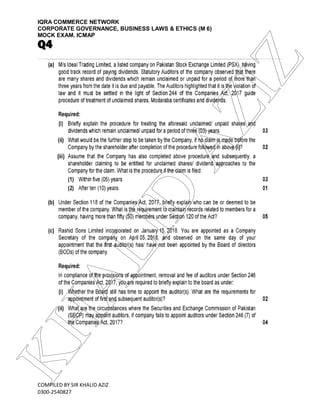 IQRA COMMERCE NETWORK
CORPORATE GOVERNANCE, BUSINESS LAWS & ETHICS (M 6)
MOCK EXAM. ICMAP
COMPILED BY SIR KHALID AZIZ
0300-2540827
Q4KHALID
AZIZ
 