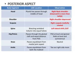 • POSTERIOR ASPECT
Body Segment LOG Location Observation
Head Plumb line passes through
middle of head
Right Neck shoulder
distance[7] is more than
left[6]
Shoulder Right shoulder depressed
Scapula Right scapula medially
rotated
Spine Bisecting vertebral
Column into equal halves
Left lateral shift /LIST
Hip/Pelvis Passes through the gluteal
cleft and equal distance
from PSIS
PSIS at level and gluteal
folds at level and
symmetrical
Knee Passes equidistant from
medial joint aspect
Neutral
Ankle Passes equidistant from
both the malleoli
Toe out right side more
 
