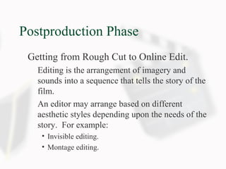 Postproduction Phase
Getting from Rough Cut to Online Edit.
Editing is the arrangement of imagery and
sounds into a sequence that tells the story of the
film.
An editor may arrange based on different
aesthetic styles depending upon the needs of the
story. For example:
• Invisible editing.
• Montage editing.
 