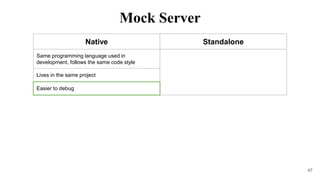 47
Native Standalone
Same programming language used in
development, follows the same code style
Lives in the same project
Easier to debug
Mock Server
 