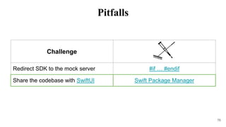 Challenge
Redirect SDK to the mock server #if … #endif
Share the codebase with SwiftUI Swift Package Manager
76
Pitfalls
 