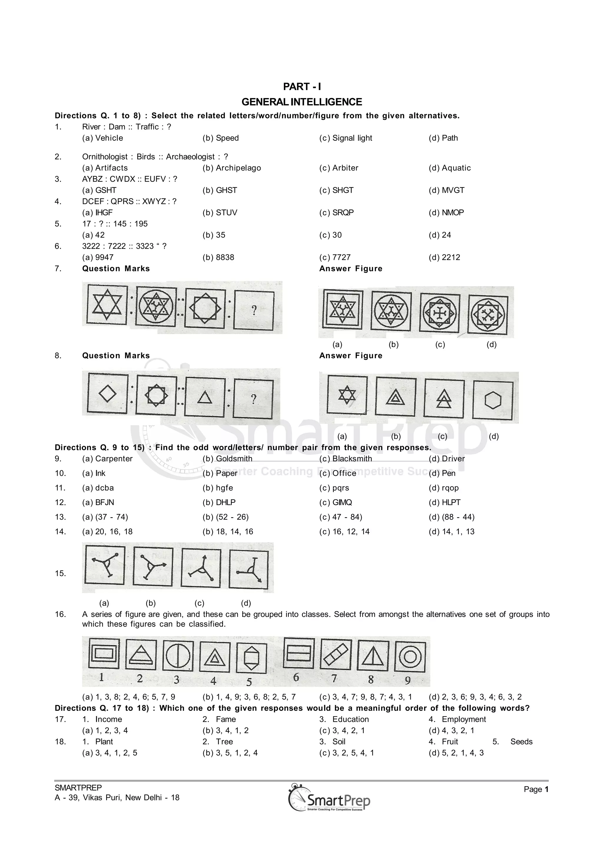 PART - I
                                                   GENERAL INTELLIGENCE
Directions Q. 1 to 8) : Select the related letters/word/number/figure from the given alternatives.
1.     River : Dam :: Traffic : ?
       (a) Vehicle                  (b) Speed                   (c ) Signal light         (d) Path

2.     Ornithologist : Birds :: Archaeologist : ?
       (a) Artifacts                     (b) Archipelago               (c ) Arbiter                  (d) Aquatic
3.     AYBZ : CWDX :: EUFV : ?
       (a) GSHT                          (b) GHST                      (c ) SHGT                     (d) MVGT
4.     DCEF : QPRS :: XWYZ : ?
       (a) IHGF                          (b) STUV                      (c ) SRQP                     (d) NMOP
5.     17 : ? :: 145 : 195
       (a) 42                            (b) 35                        (c ) 30                       (d) 24
6.     3222 : 7222 :: 3323 “ ?
       (a) 9947                          (b) 8838                      (c ) 7727                     (d) 2212
7.     Question M arks                                                 Answer Figure




                                                                         (a)         (b)               (c)           (d)
8.     Question M arks                                                 Answer Figure




                                                                     (a)        (b)       (c)                         (d)
Directions Q. 9 to 15) : Find the odd word/letters/ number pair from the given responses.
9.     (a) Carpenter                (b) Goldsmith              (c ) Blacksmith          (d) Driver
10.    (a) Ink                         (b) Paper                       (c ) Office                   (d) Pen
11.    (a) dcba                        (b) hgfe                        (c ) pqrs                     (d) rqop
12.    (a) BFJN                        (b) DHLP                        (c ) GIMQ                     (d) HLPT
13.    (a) (37 - 74)                   (b) (52 - 26)                   (c ) 47 - 84)                 (d) (88 - 44)
14.    (a) 20, 16, 18                  (b) 18, 14, 16                  (c ) 16, 12, 14               (d) 14, 1, 13




15.


           (a)           (b)           (c)         (d)
16.    A series of figure are given, and these can be grouped into classes. Select from amongst the alternatives one set of groups into
       which these figures can be classified.




       (a) 1, 3, 8; 2, 4, 6; 5, 7, 9 (b) 1, 4, 9; 3, 6, 8; 2, 5, 7 (c ) 3, 4, 7; 9, 8, 7; 4, 3, 1 (d)    2, 3, 6; 9, 3, 4; 6, 3, 2
Directions Q. 17 to 18) : Which one of the given responses would be a meaningful order of                the following words?
17.    1. Income                     2. Fame                       3. Education                   4.     Employment
       (a) 1, 2, 3, 4                (b) 3, 4, 1, 2                (c ) 3, 4, 2, 1                (d)    4, 3, 2, 1
18.    1. Plant                      2. Tree                       3. Soil                        4.     Fruit           5. Seeds
       (a) 3, 4, 1, 2, 5             (b) 3, 5, 1, 2, 4             (c ) 3, 2, 5, 4, 1             (d)    5, 2, 1, 4, 3



SMARTPREP                                                                                                                      Page 1
A - 39, Vikas Puri, New Delhi - 18
 
