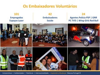 Os Embaixadores Voluntários
101
Empregados
Espaços Lazer
42
Embaixadores
Saúde
24
Agentes Polícia PSP | GNR
PC TVD | Wing ...