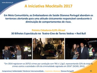 Compromisso| Solidariedade| Tolerância| Internacionalidade… Inspirando a Mudança! Dianova Portugal© 11
A Iniciativa Mocktails 2017
“Em 2014 registaram-se 20752 crimes por condução com TAS ≥ 1,2g/l, representando 52% do total de
crimes contra a sociedade e 6% da criminalidade registada em 2014” (SICAD, 2015)
Em Meio Comunitário, os Embaixadores de Saúde Dianova Portugal abordam os
torrienses alertando para uma atitude civicamente responsável conducente à
diminuição de comportamentos de risco.
Prémio Cidadania 0,0% Álcool
30 Bilhetes Espectáculo no Teatro-Cine de Torres Vedras + Red Bull
 
