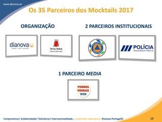 Compromisso| Solidariedade| Tolerância| Internacionalidade… Inspirando a Mudança! Dianova Portugal© 13
Os 35 Parceiros dos Mocktails 2017
1 PARCEIRO MEDIA
ORGANIZAÇÃO 2 PARCEIROS INSTITUCIONAIS
 