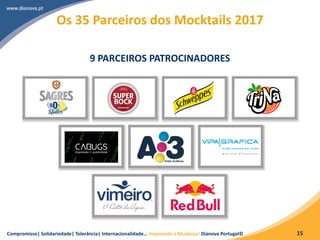 Compromisso| Solidariedade| Tolerância| Internacionalidade… Inspirando a Mudança! Dianova Portugal© 15
Os 35 Parceiros dos Mocktails 2017
9 PARCEIROS PATROCINADORES
 