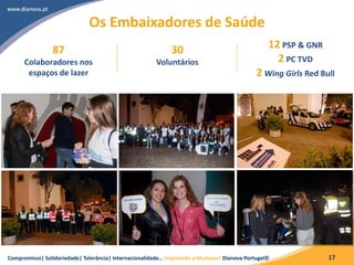 Compromisso| Solidariedade| Tolerância| Internacionalidade… Inspirando a Mudança! Dianova Portugal© 17
Os Embaixadores de Saúde
87
Colaboradores nos
espaços de lazer
30
Voluntários
12 PSP & GNR
2 PC TVD
2 Wing Girls Red Bull
 