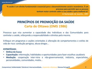 Compromisso| Solidariedade| Tolerância| Internacionalidade… Inspirando a Mudança! Dianova Portugal© 2
PRINCÍPIOS DE PROMOÇÃO DA SAÚDE
Carta de Ottawa (OMS 1986)
Processo que visa aumentar a capacidade dos Indivíduos e das Comunidades para
controlar a saúde, reforçando a responsabilidade e direitos pela mesma.
Enfoque em programas e acções orientados à alteração de comportamentos e estilos de
vida de risco: condução perigosa, abuso drogas...
ESTRATÉGIAS:
• Defesa da Causa
• Capacitação: informação, habilidades e oportunidades para fazer escolhas saudáveis
• Mediação: cooperação inter-intra e não-governamental, indústria, especialistas,
personalidades, comunidades, media…
“A saúde é um direito fundamental e essencial para o desenvolvimento social e económico. É um
processo para permitir que as pessoas
tenham maior controlo sobre a sua saúde e para melhorá-la”
in Declaração de Jacarta., 1997
 