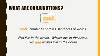 WHAT ARE CONJUNCTIONS?
“And” combines phrases, sentences or words.
Fish live in the ocean. Whales live in the ocean.
Fish and whales live in the ocean.
 