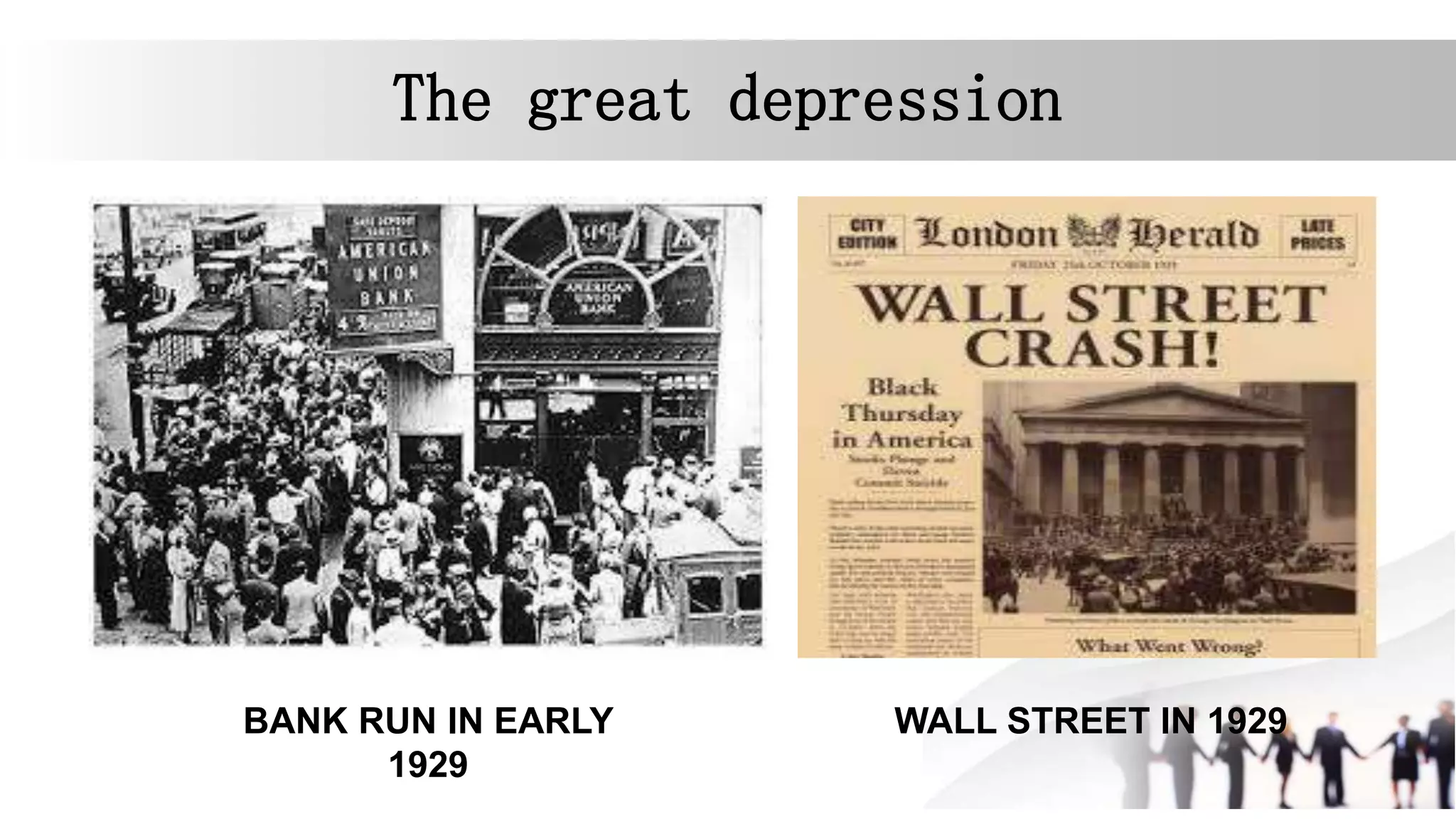 The great depression
WALL STREET IN 1929BANK RUN IN EARLY
1929
 