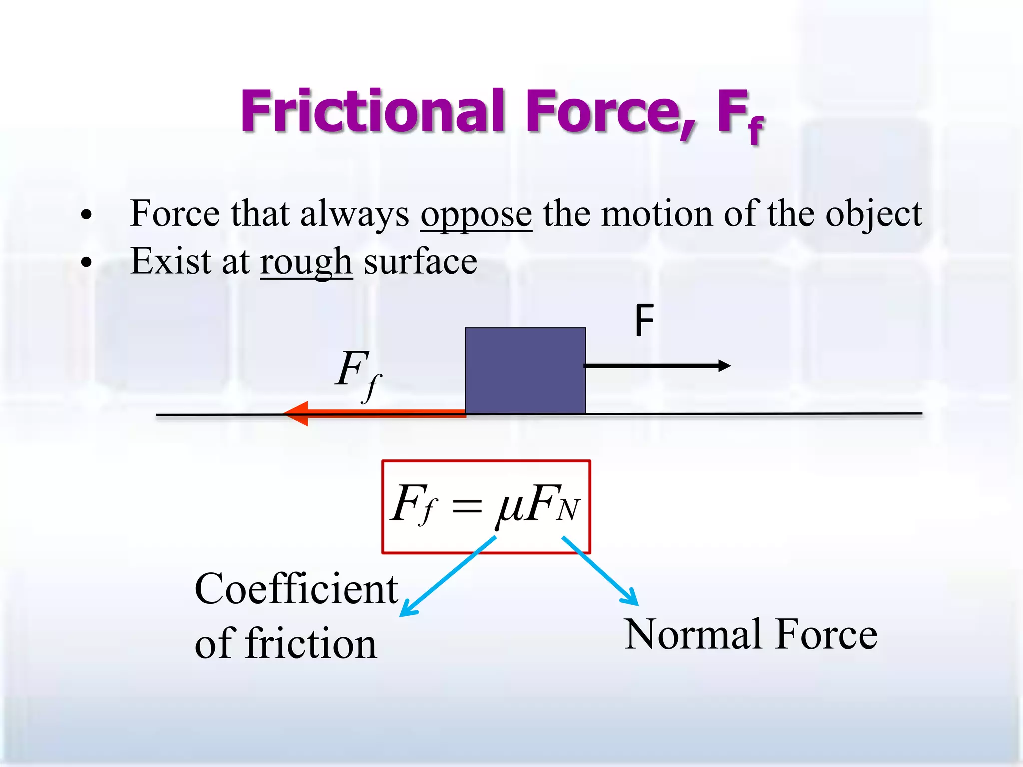 Frictional Force, Ff
10
• Force that always oppose the motion of the object
• Exist at rough surface
F
Ff
Coefficient
of friction Normal Force
Nf μFF 
 