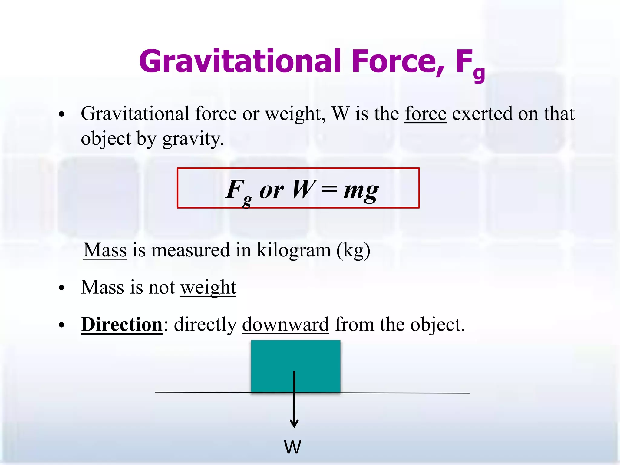 • Gravitational force or weight, W is the force exerted on that
object by gravity.
Mass is measured in kilogram (kg)
• Mass is not weight
• Direction: directly downward from the object.
Fg or W = mg
W
Gravitational Force, Fg
8
 
