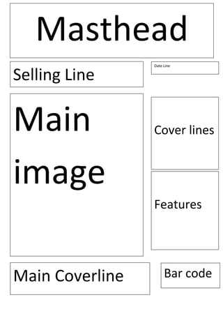 Masthead
                 Date Line


Selling Line

Main             Cover lines


image
                 Features




Main Coverline        Bar code
 