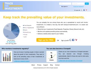 Who monitors investments regularly? You can also become a Crorepati!
One out of every 5 working couple in India is worried
about the growth of their investments. They want to
look at the prevailing value of their investments at
least once in every month.
>>See our research report
Email Password GO
Stay signed in Forgot your password?
Keep track the prevailing value of your investments.
You are probably the one among those who use a spreadsheet to record and monitor
investments. It is indeed a nice way. But with trackyourinvestments.com, it is easier and
more efficient.
• Record all your investments (Fixed Deposits, Properties, Shares, Mutual funds, etc)
• Monitors and updates prevailing values automatically.
• Delivers a weekly status report to your mailbox.
Sign up for FREE OR Sign up withYou are worth
Rs. 90,59,679
As on 10th Aug, 2010
Check out our how to become a Crorepati calculator.
You can become one through investing
systematically. Ideal for those who want to retire early
from their work life.
>>See how can you become a Crorepati
About Privacy Support Blog Contact
trackyourinvestments.com © 2010. All rights reserved
Rs.
1
Crores
TRACKTRACK
YOURYOUR
INVESTMENTSINVESTMENTS Or Login with
 