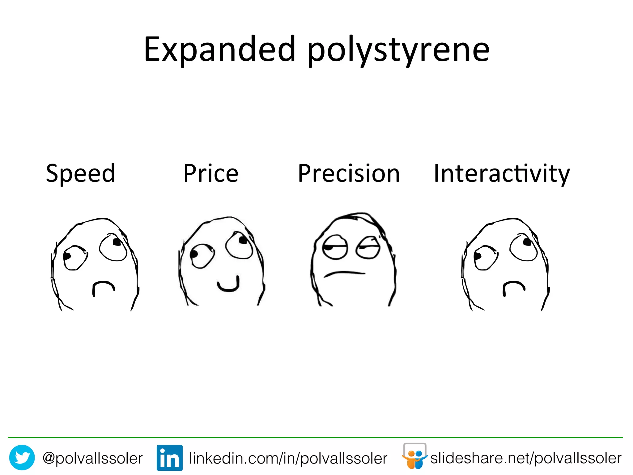 @polvallssoler! slideshare.net/polvallssoler!linkedin.com/in/polvallssoler!
Expanded	
  polystyrene	
  
Speed	
   Price	
   Precision	
   Interac2vity	
  
 